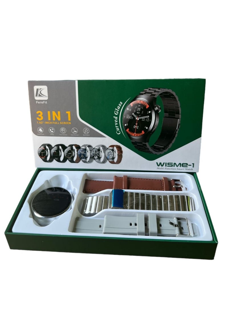 WISME-1 Multi-Function curved glass Smart watch with 3 straps, Bluetooth calling function, fitness tracking & suitable for iPhone/Android