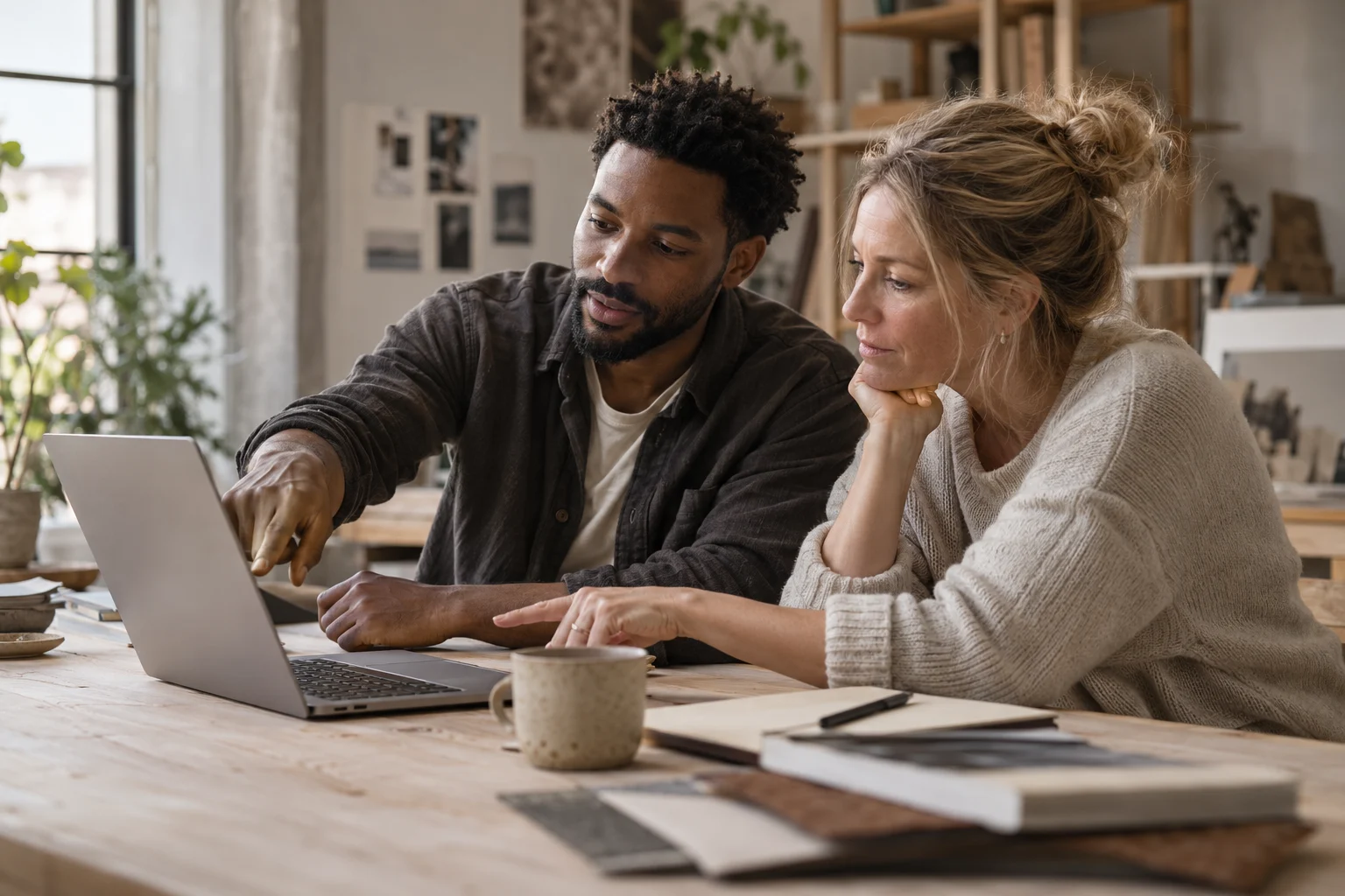 Creative collaborators exploring an idea on a laptop