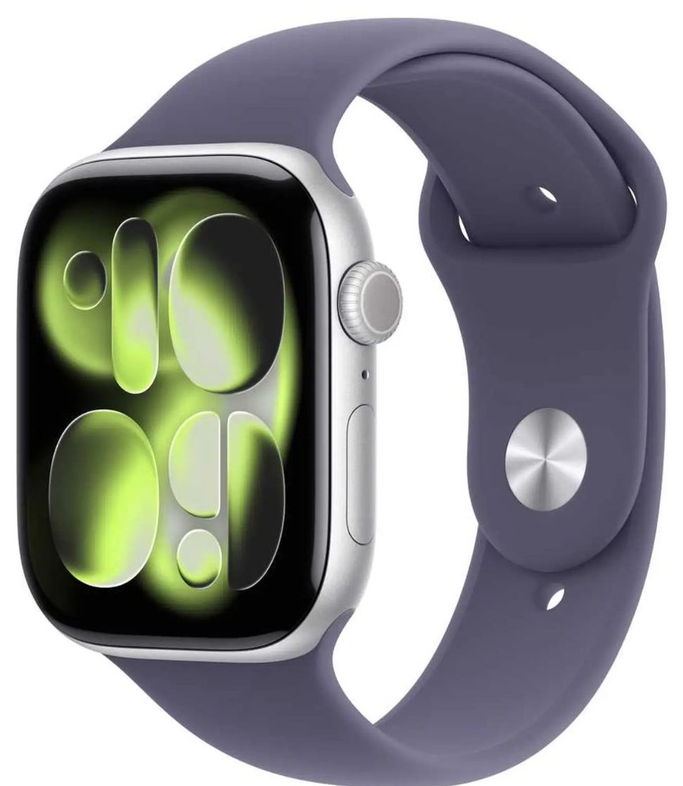 Apple Watch Series 11, GPS, 46mm, Silver Aluminum Case with Purple Fog Sport Band, M/L