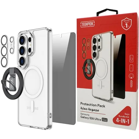 Techpick 4-in-1 Protection Pack MagSafe Case + Privacy Tempered Glass + Camera Lens Protector + Magnetic Stand Smartphone Case Bundle