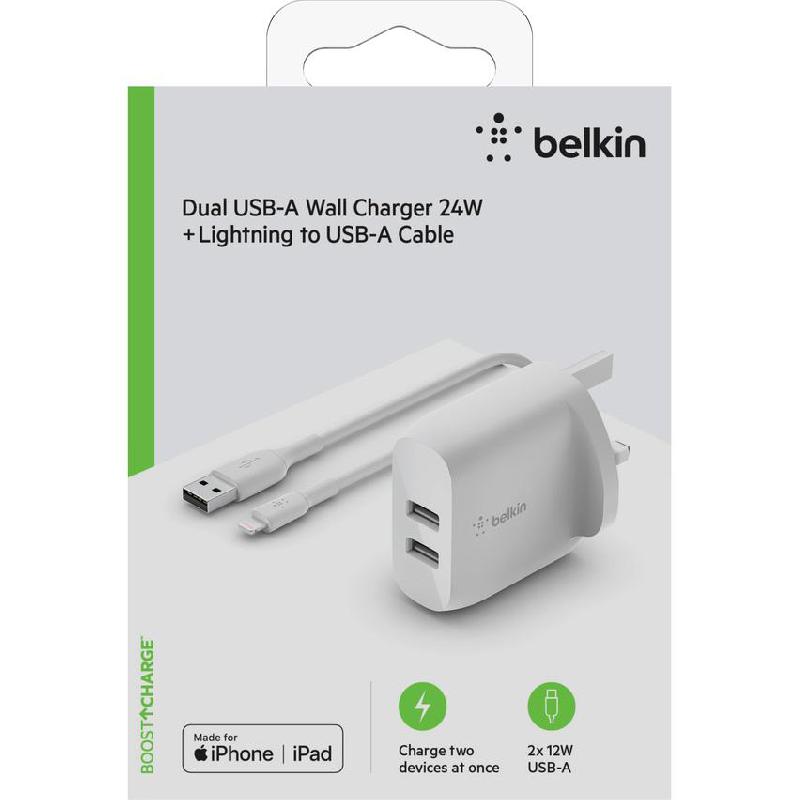 Belkin BoostCharge Dual USB-A Wall Charger 24W + Lightning to USB-A Cable — view 2