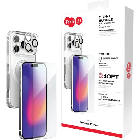 Tech21 3-in-1 MagSafe Bundle Evo Clear MagSafe Case + Impact Glass Screen Protector + Camera Lens Protector Smartphone Case Bundle