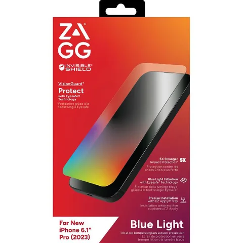 Zagg Invisible Shield Tempered Glass, Eyesafe Technology Filters 40% of Peak Toxic Blue Light Case Friendly Smartphone Screen Protector for iPhone 15 Pro