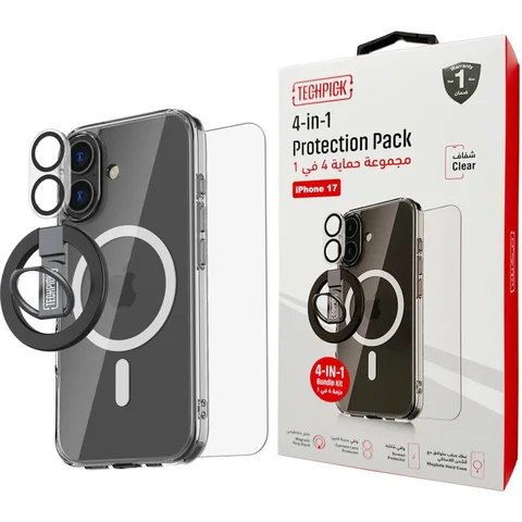 Techpick 4-in-1 Protection Pack MagSafe Hard Case + Tempered Glass + Camera Lens Protector + Magnetic Stand Smartphone Case Bundle
