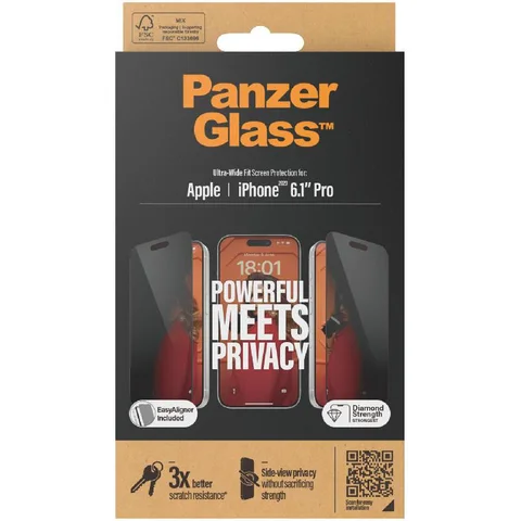 PanzerGlass Ultra-Wide Fit Tempered Glass, Privacy Smartphone Screen Protector for iPhone 15 Pro
