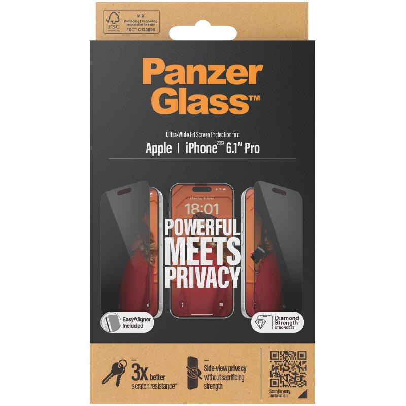 PanzerGlass Ultra-Wide Fit Tempered Glass, Privacy Smartphone Screen Protector for iPhone 15 Pro