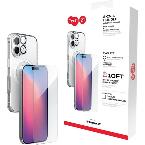 Tech21 3-in-1 MagSafe Bundle Evo Clear MagSafe Case + Impact Glass Screen Protector + Camera Lens Protector Smartphone Case Bundle