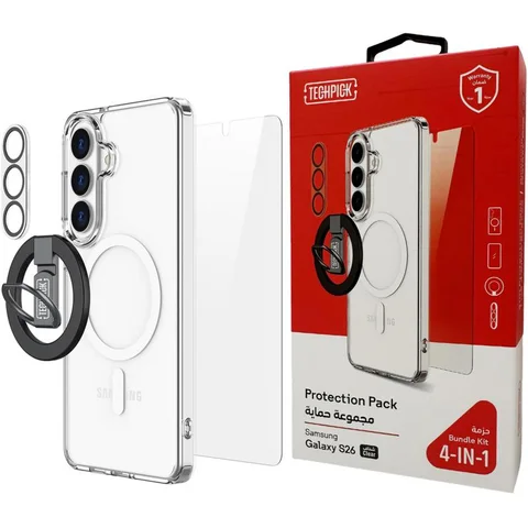 Techpick 4-in-1 Protection Pack MagSafe Hard Case + Tempered Glass + Camera Lens Protector + Magnetic Stand Smartphone Case Bundle