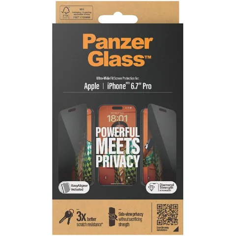 PanzerGlass Ultra-Wide Fit Tempered Glass, Privacy Smartphone Screen Protector for iPhone 15 Pro Max