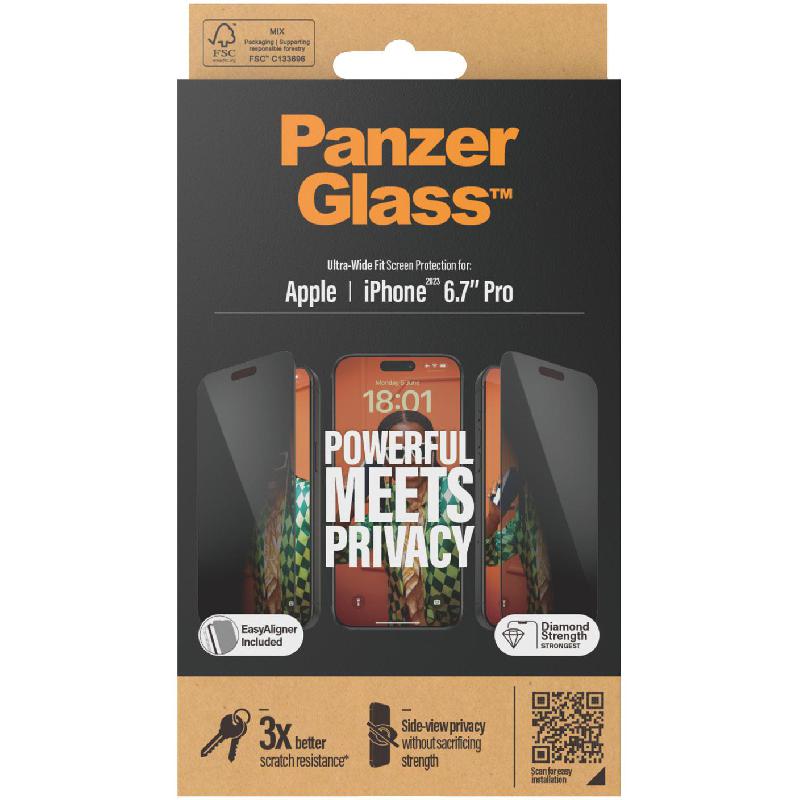 PanzerGlass Ultra-Wide Fit Tempered Glass, Privacy Smartphone Screen Protector for iPhone 15 Pro Max
