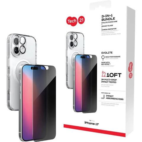 Tech21 3-in-1 MagSafe Bundle Evo Clear MagSafe Case + Privacy Impact Glass + Camera Lens Protector Smartphone Case Bundle