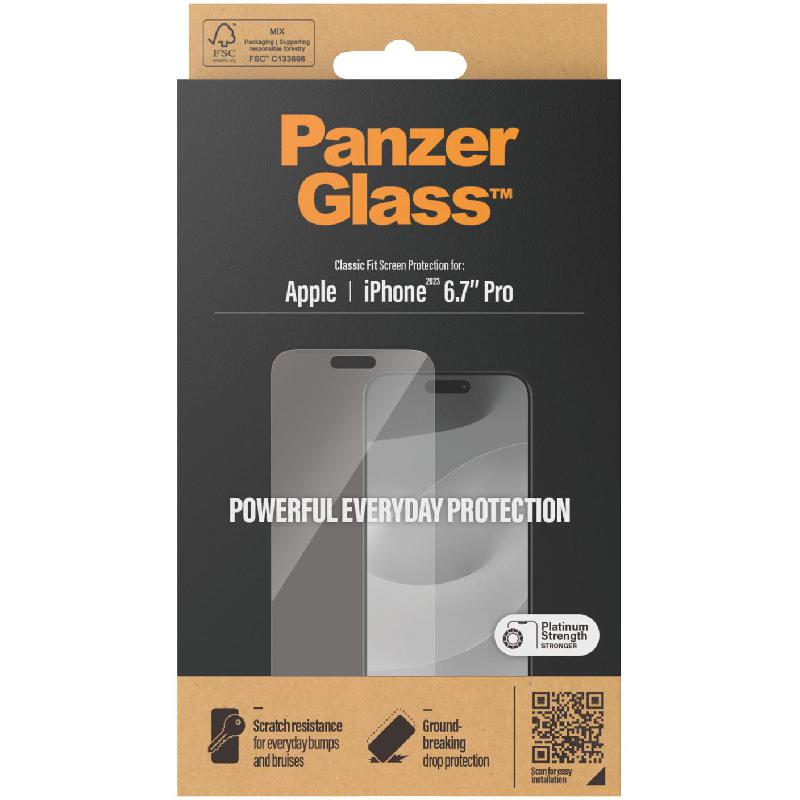 PanzerGlass Classic Fit Tempered Glass, Clear Smartphone Screen Protector for iPhone 15 Pro Max