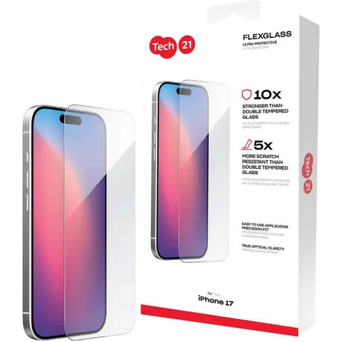 Tech21 FlexGlass Tempered Glass, Clear Smartphone Screen Protector for iPhone 17