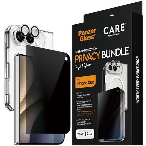 PanzerGlass 3-in-1 Pack Slim MagSafe Clear Case + UWF Privacy Screen Protector + Hoops Camera Lens Smartphone Case Bundle