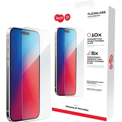 Tech21 FlexGlass Tempered Glass, Clear Smartphone Screen Protector iPhone 17 Pro Max
