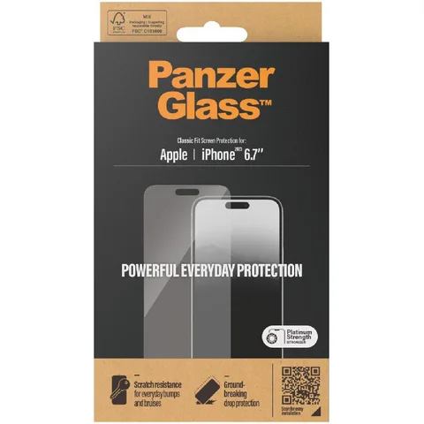 PanzerGlass Classic Fit Tempered Glass, Clear Smartphone Screen Protector for iPhone 15 Plus