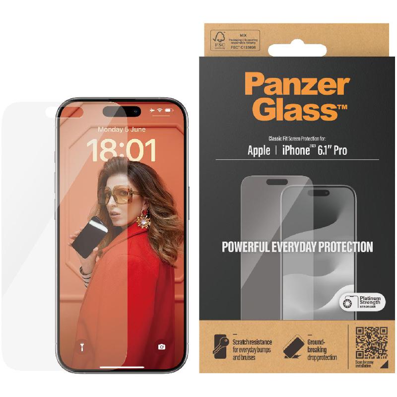 PanzerGlass Classic Fit Tempered Glass, Clear Smartphone Screen Protector for iPhone 15 Pro — view 2