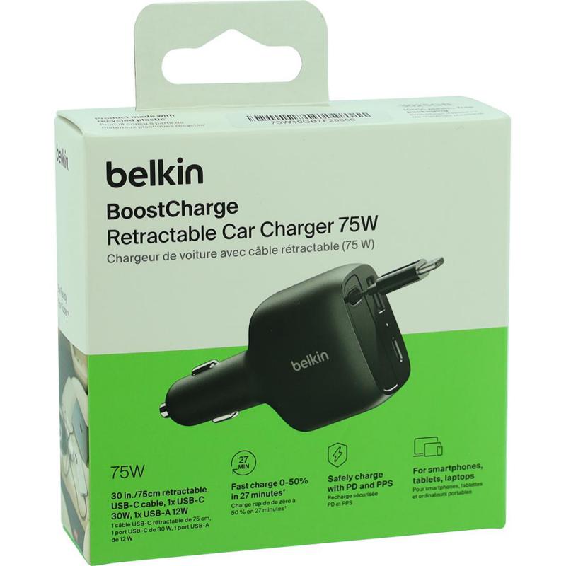 Belkin BoostCharge 75W Car Charger with Built-in Retractable USB-C Cable + USB-C and USB-A Ports — view 6