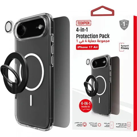 Techpick 4-in-1 Protection Clear Case + Privacy Tempered Glass + Camera Lens Protector + Magnetic Stand Smartphone Case Bundle