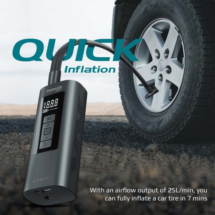 Promate Portable Air Compressor, 4-in-1 Compact Electric Air Pump With 6000 mAh Power Bank, 150PSI, LED Light, SOS Function, Safety Hammer and Built-In TPMS For Car Tires, USB Powered Smartphones - AERIFY (UAE Delivery Only) — view 2