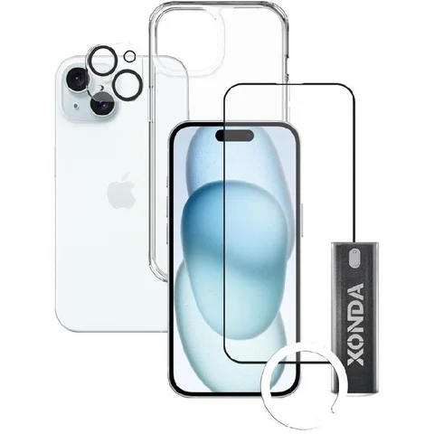 Xonda 4-in-1 Clear Case + Tempered Glass + Camera Lens + Anti-bacterial Spray Smartphone Case Bundle