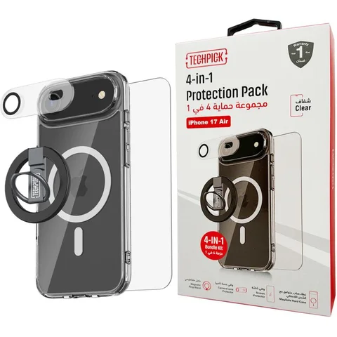 Techpick 4-in-1 Protection Pack MagSafe Hard Case + Tempered Glass + Camera Lens Protector + Magnetic Stand Smartphone Case Bundle