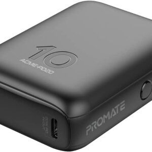 Promate USB-C Power Bank, World’s Smallest 10000mAh Portable Charger With 20W USB-C Power QC 3.0 22.5W Port & Over-Heating Protection Acme PD20, Black - ACME-PD20.BLACK (UAE Delivery Only)