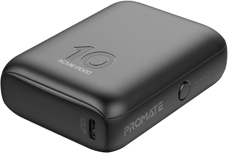 Promate USB-C Power Bank, World’s Smallest 10000mAh Portable Charger With 20W USB-C Power QC 3.0 22.5W Port & Over-Heating Protection Acme PD20, Black - ACME-PD20.BLACK (UAE Delivery Only)