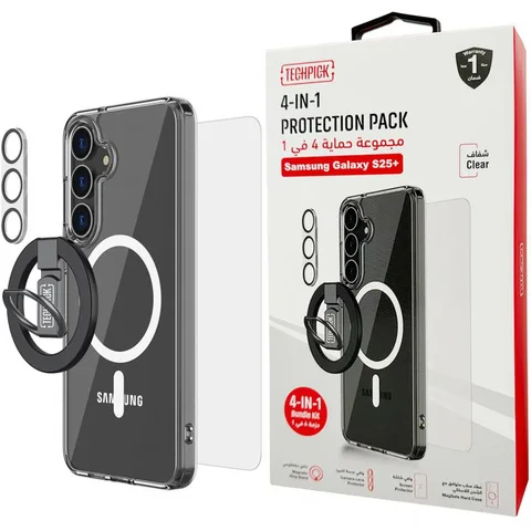 Techpick 4-in-1 Protection Pack MagSafe Hard Case + Tempered Glass + Camera Lens Protector + Magnetic Stand Smartphone Case Bundle