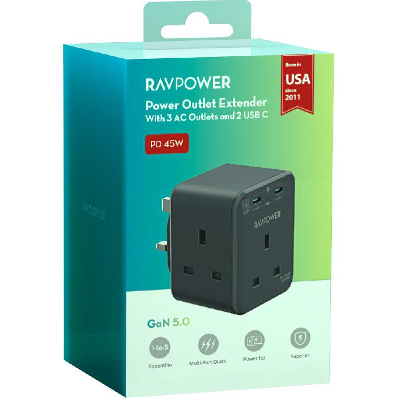 RAVPower RP-PC1066 Power Outlet Extender with 3 AC Outlets and 2 USB-C — view 3