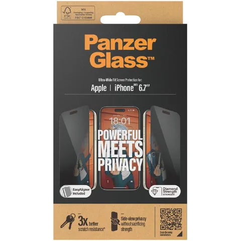 PanzerGlass Ultra-Wide Fit Tempered Glass, Privacy Smartphone Screen Protector for iPhone 15 Plus