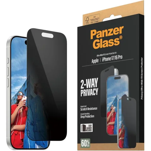 PanzerGlass Ultra-Wide Fit Tempered Glass, Privacy Smartphone Screen Protector for iPhone 17/iPhone 16 Pro