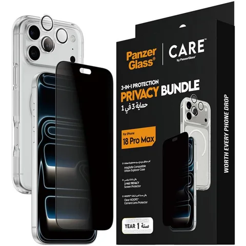 PanzerGlass 3-in-1 Pack Urban Explorer MagSafe Case, Privacy UWF Screen Protector, Hoops Camera Lens Smartphone Case Bundle