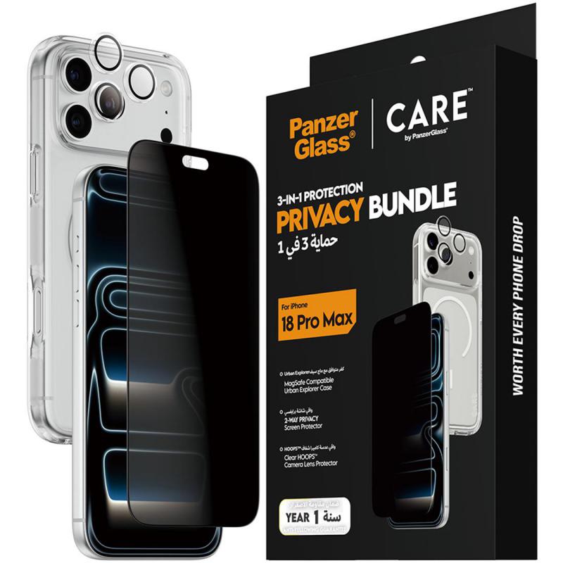 PanzerGlass 3-in-1 Pack Urban Explorer MagSafe Case, Privacy UWF Screen Protector, Hoops Camera Lens Smartphone Case Bundle