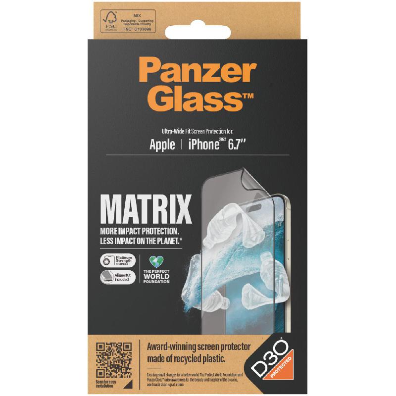 PanzerGlass Matrix Hybrid Glass PET, Components from Film and Glass, D3O Protected Smartphone Screen Protector for iPhone 15 Plus
