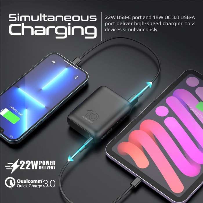 Promate USB-C Power Bank, World’s Smallest 10000mAh Portable Charger With 20W USB-C Power QC 3.0 22.5W Port & Over-Heating Protection Acme PD20, Black - ACME-PD20.BLACK (UAE Delivery Only) — view 3