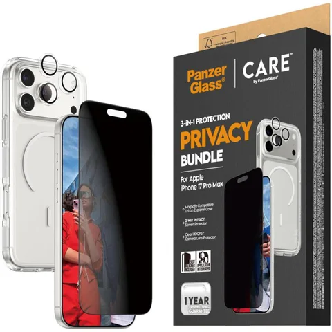 PanzerGlass 3-in-1 Pack Hard MagSafe Case + Privacy Screen Protector + Hoops Camera Lens Protector Smartphone Case Bundle