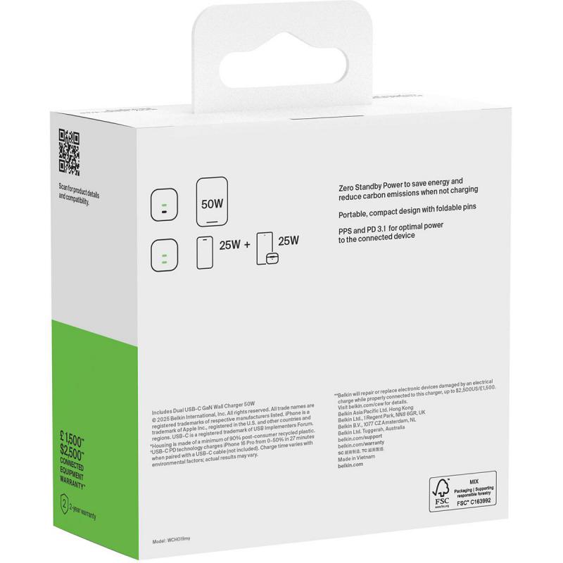 Belkin BoostCharge Pro Dual USB-C GaN Wall Charger 50W — view 4