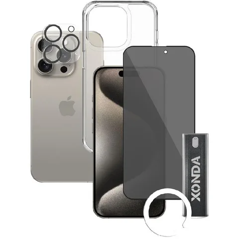 Xonda 4-in-1 Clear Case + Privacy Tempered Glass + Camera Lens + Anti-bacterial Spray Smartphone Case Bundle
