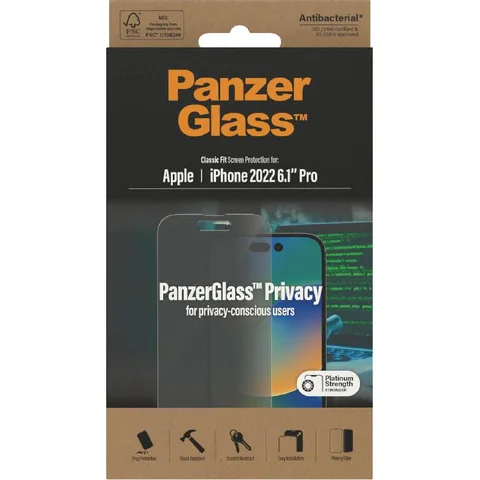 PanzerGlass Classic Fit Tempered Glass, Privacy Smartphone Screen Protector for iPhone 14 Pro