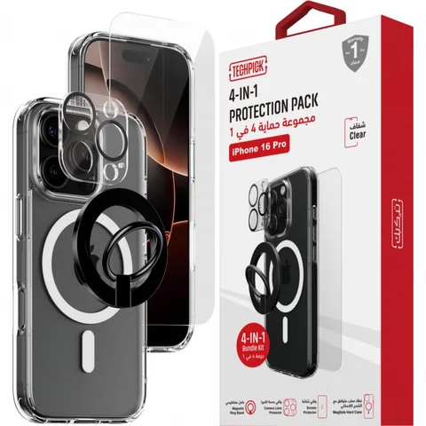 Techpick 4-in-1 Protection Pack MagSafe Hard Case + Tempered Glass + Camera Lens Protector + Magnetic Stand Smartphone Case Bundle