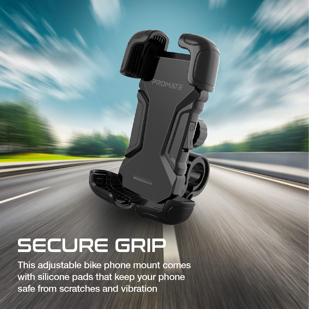 Promate Motorcycle Phone Holder, Adjustable 360 Degree Rotation Bike Phone Mount with Secure Quick-Clamp, Silicone Slip-Proof Grip, Quick Locking System and Reduced Vibration, BikeMount Black — view 2