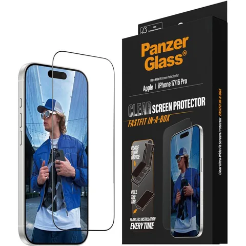 PanzerGlass Ultra-Wide Fit Tempered Glass with Black Frame Smartphone Screen Protector for iPhone 17/iPhone 16 Pro