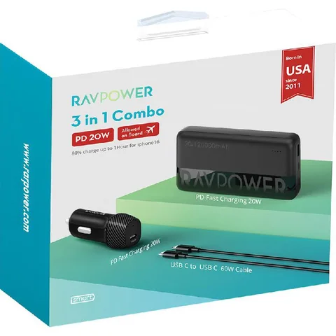 RAVPower 3-in-1 Combo Power Bank Bundle Fast Battery Charging 20000 mAh 3 USB (1X USB-C/2X USB)