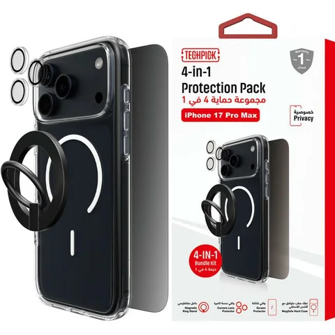 Techpick 4-in-1 Protection Clear Case + Privacy Tempered Glass + Camera Lens Protector + Magnetic Stand Smartphone Case Bundle