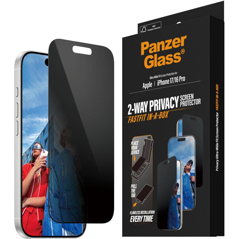 PanzerGlass Ultra-Wide Fit Tempered Glass with Black Frame, Privacy Smartphone Screen Protector for iPhone 17/iPhone 16 Pro