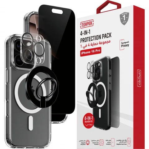 Techpick 4-in-1 Protection Pack Clear Case + Privacy Tempered Glass + Camera Lens Protector + Magnetic Stand Smartphone Case Bundle