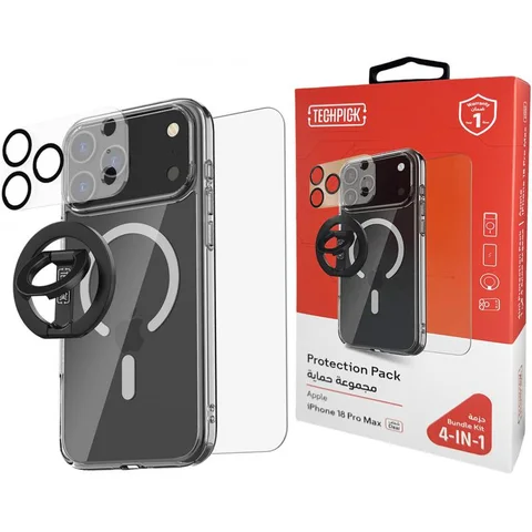 Techpick 4-in-1 Protection Pack MagSafe Hard Case + Tempered Glass + Camera Lens Protector + Magnetic Stand Smartphone Case Bundle