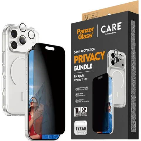 PanzerGlass 3-in-1 Pack Hard MagSafe Case + Privacy Screen Protector + Hoops Camera Lens Protector Smartphone Case Bundle
