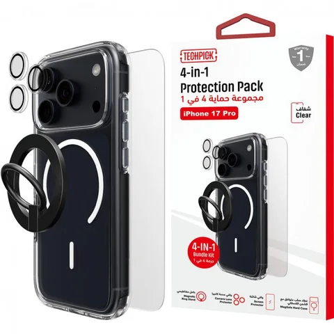 Techpick 4-in-1 Protection MagSafe Hard Case + Tempered Glass + Camera Lens Protector + Magnetic Stand Smartphone Case Bundle